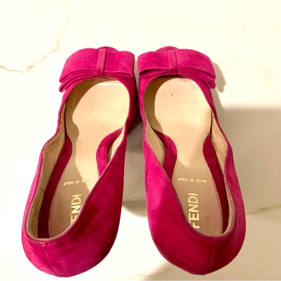 Fendi authentic fuchsia peep toe bow platform stacked heel pump 38 size 8 - Picture 11 of 15